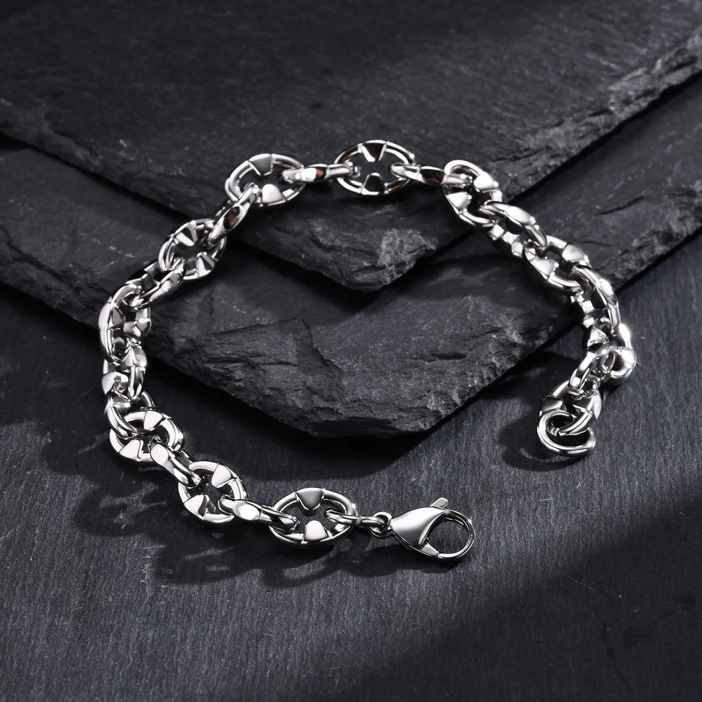 Men's stainless steel thick geometric chain bracelet with handmade construction