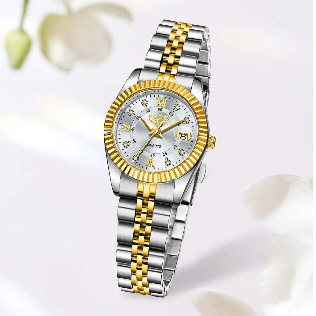 Waterproof leisure quartz watch in gold and silver colour options with 10mm case thickness.