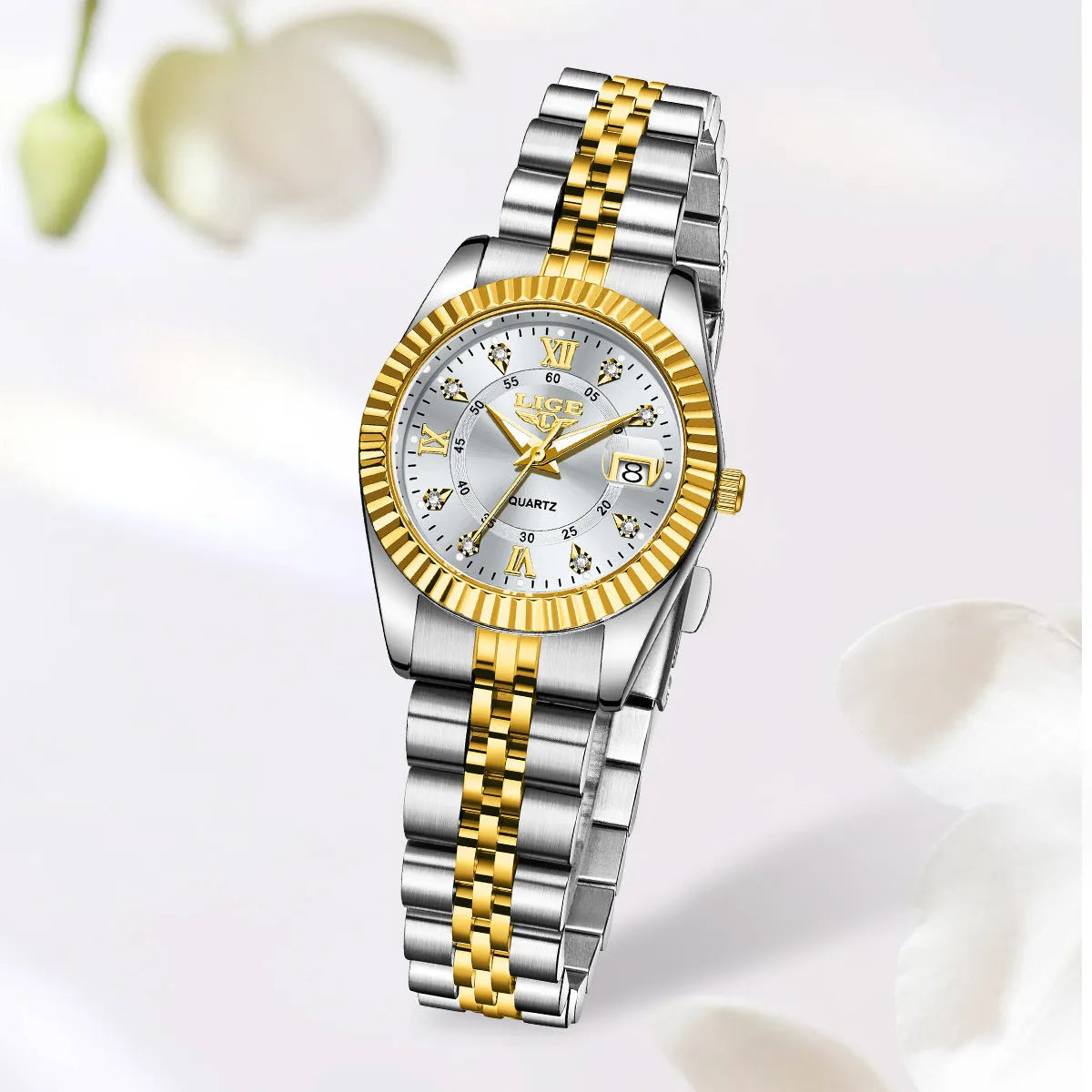 Waterproof leisure quartz watch in gold and silver colour options with 10mm case thickness.