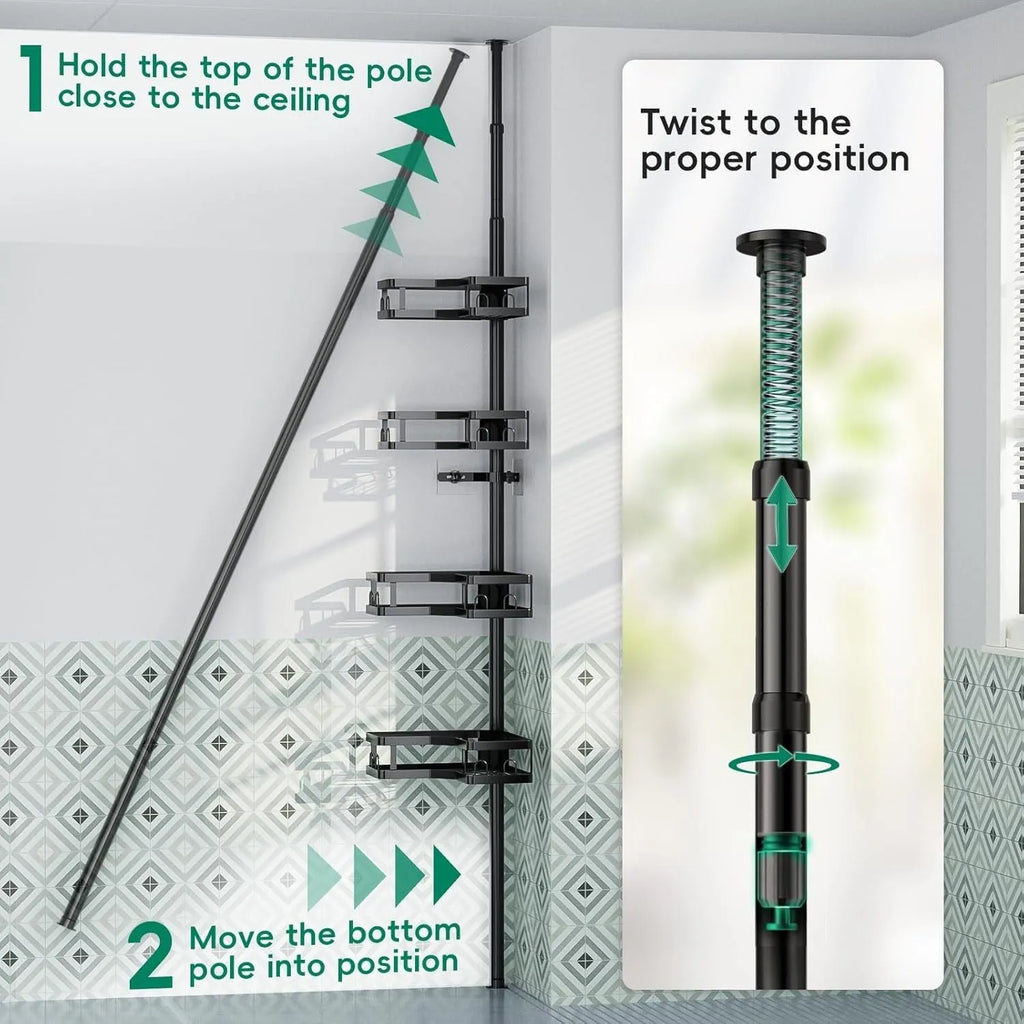 Modern hole-free retractable bathroom storage rack with four shelves made of stainless steel and iron.