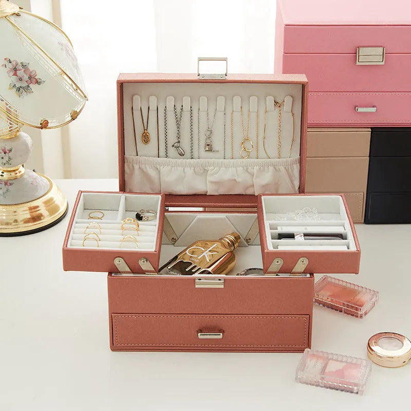 PU leather hard case jewellery storage box in beige, black, pink or rose gold colours