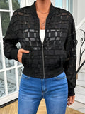 Black women's casual zip jacket with a semi-transparent geometric pattern.