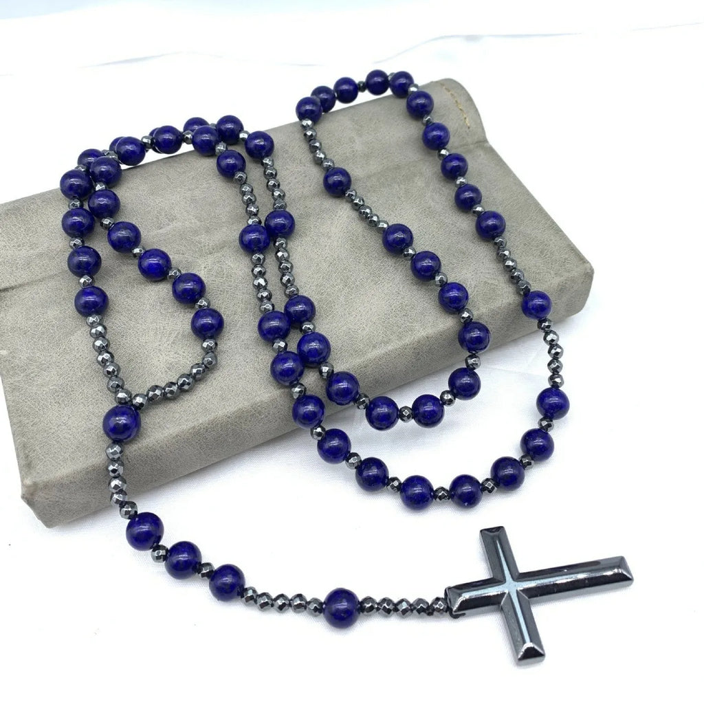 Men's stone cross pendant necklace on an 80cm ball bead chain