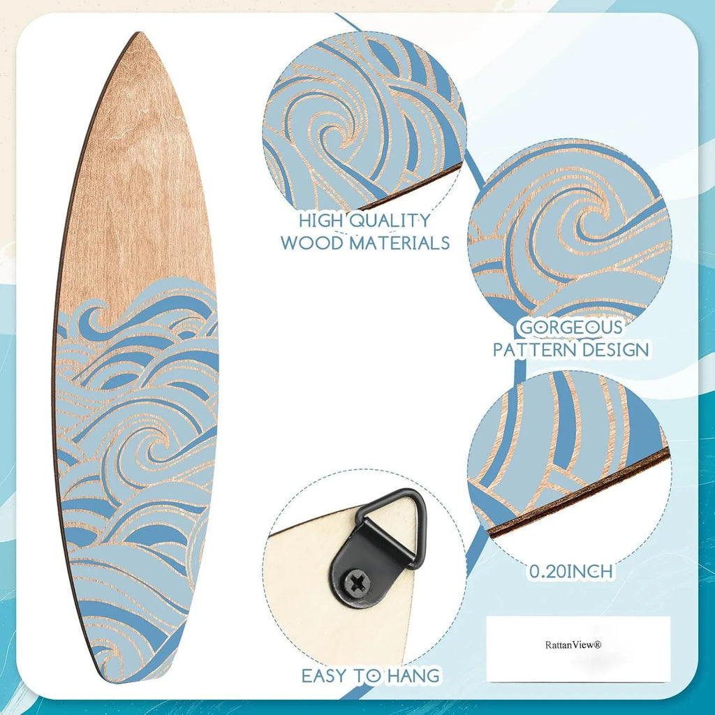 Three wooden surfboard wall decorations made from boxwood, shown together.