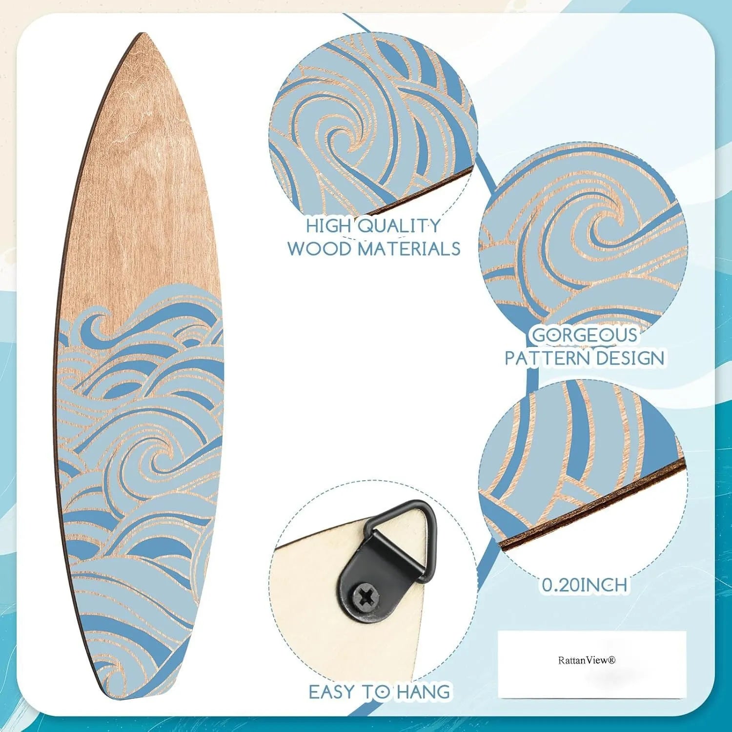 Three wooden surfboard wall decorations made from boxwood, shown together.