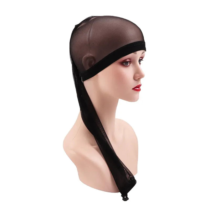 Mesh wig cap with elastic oversleeve design shown in various colour options including leopard print