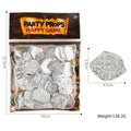 A pile of plastic Roman coins with a metallic gold finish, part of a 100-piece set for treasure-themed parties.