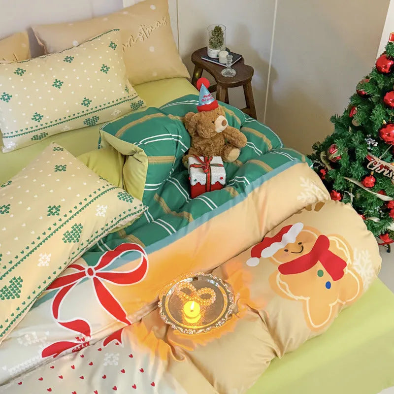 Christmas cartoon print bedding set with gingerbread man design on washed cotton, showing duvet cover and pillowcases.