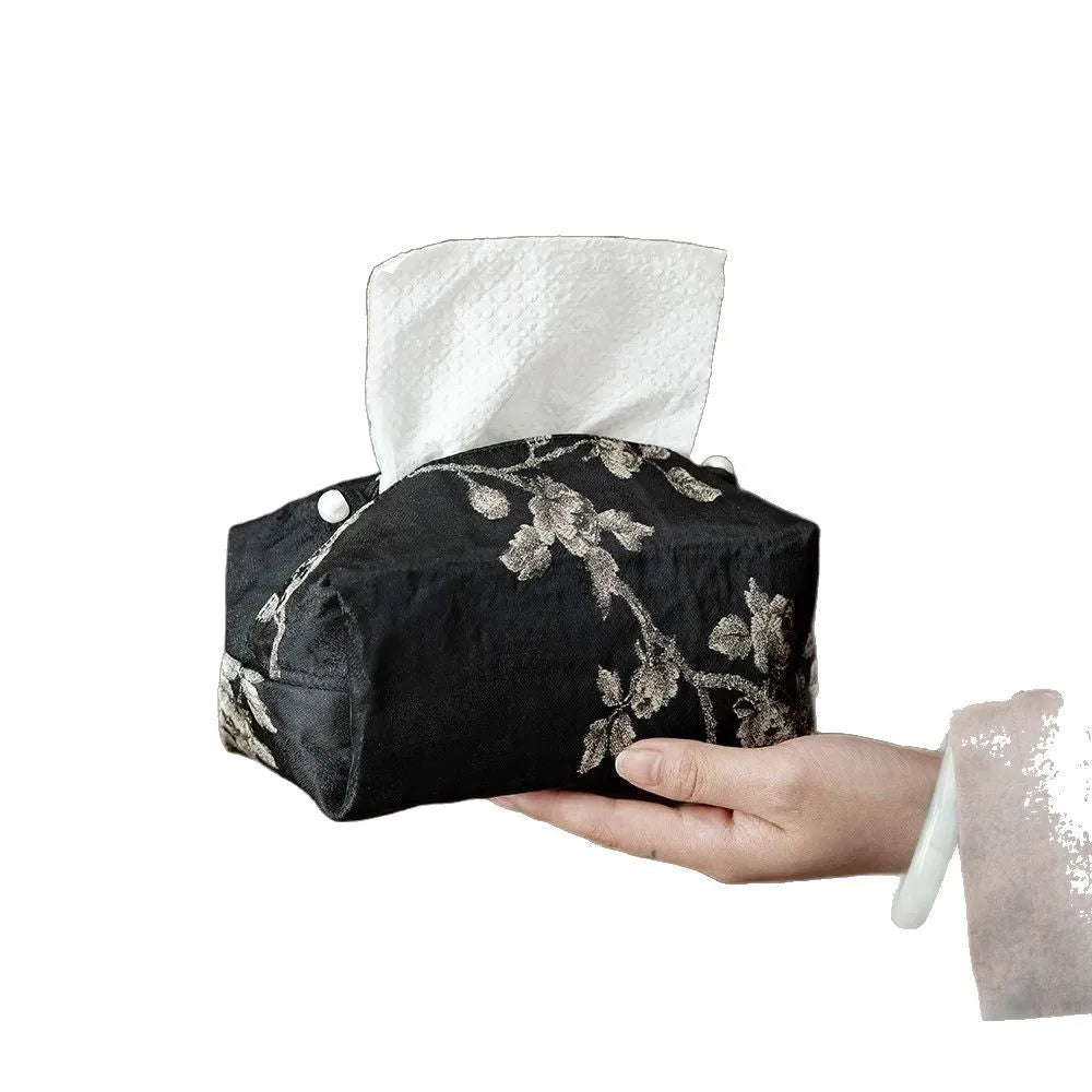 New Chinese style brocade fabric tissue box cover with embroidered white plum pattern