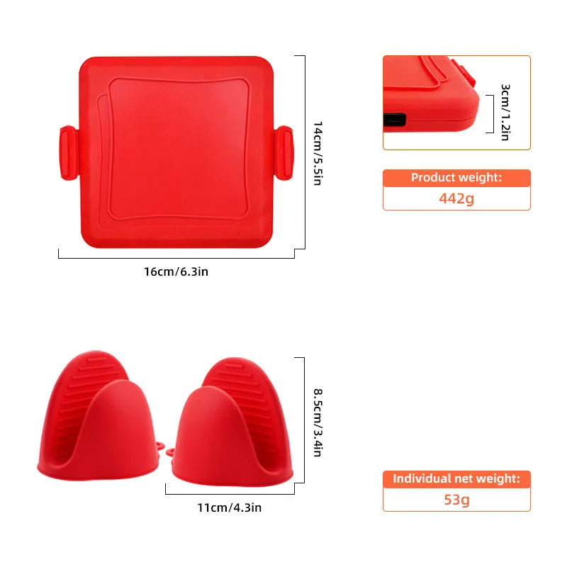 Silicone baking tray with anti-scald handbag handle and matching oven gloves in colour box