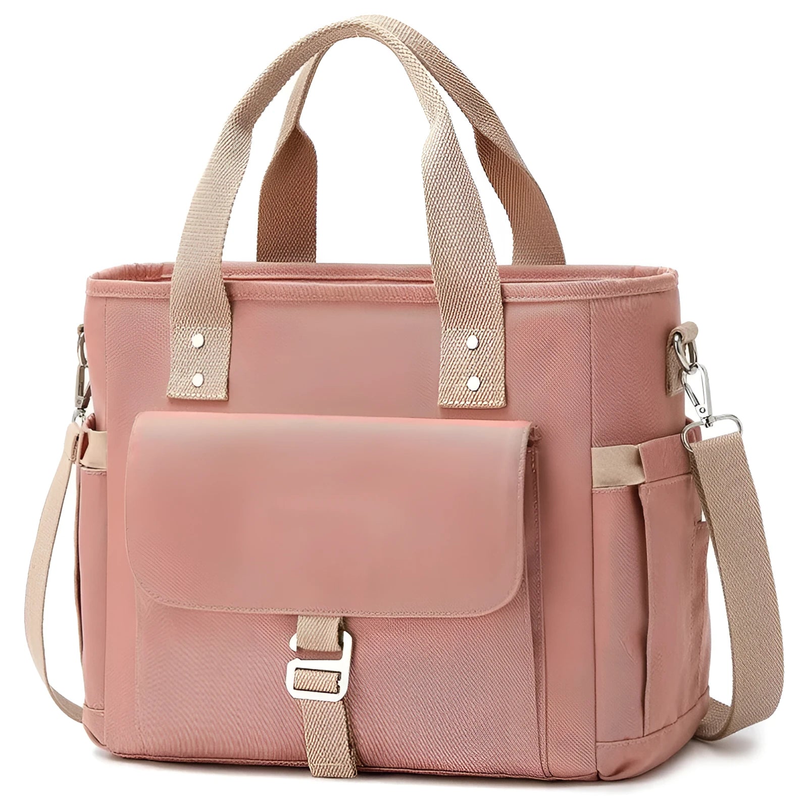 Cube-shaped Oxford cloth picnic bag with a removable shoulder strap and side pocket in pink.
