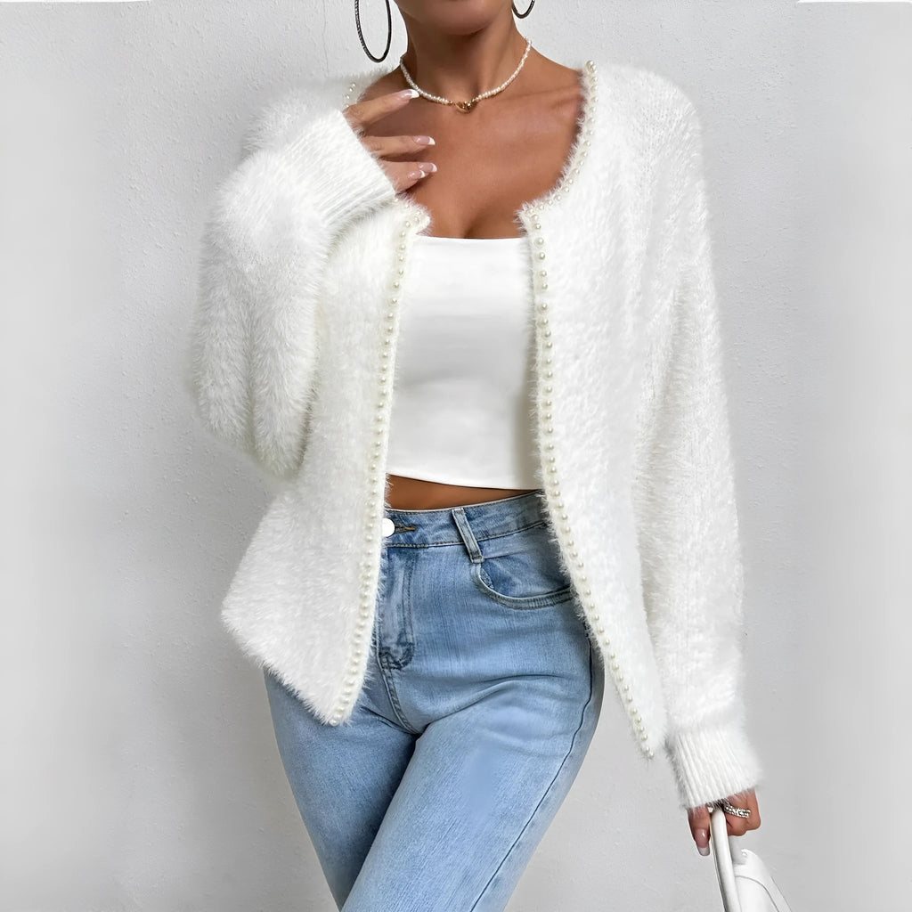 Women's white V-neck cardigan with bead detailing on polyester knit fabric