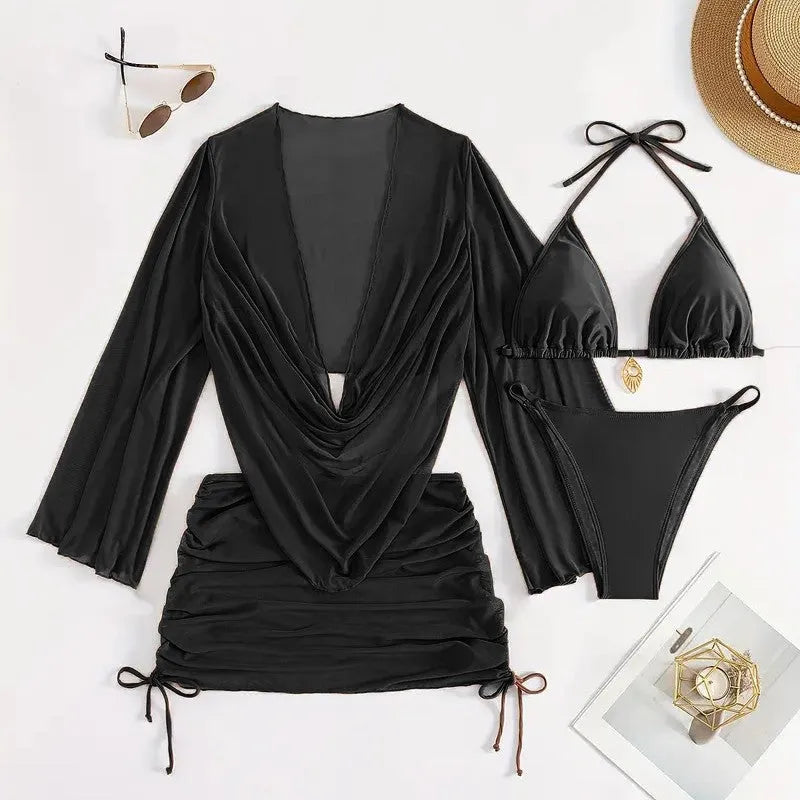 Women's dark brown lace-up backless bikini swimsuit set with spandex lining for swimming
