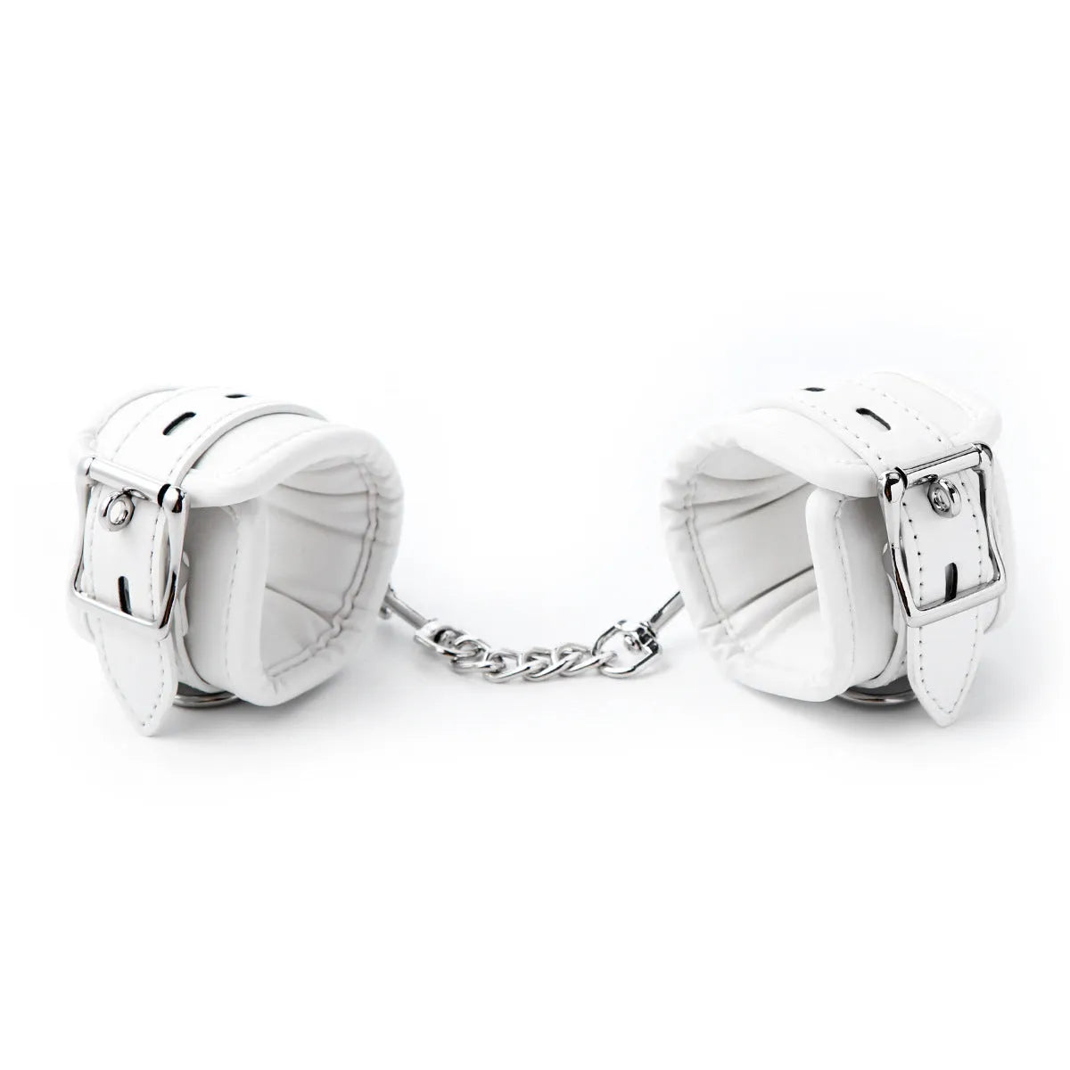 White PU sponge bondage restraint set showing handcuffs, foot cuffs, and a neck scarf.