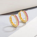 Gold-tone copper geometric hoop earrings with inlaid zircon in black, red, or green, one pair