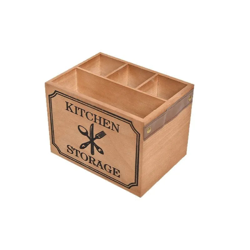 Wooden kitchen storage box with grid compartments for knives forks chopsticks measuring 12.5x12.5x23cm