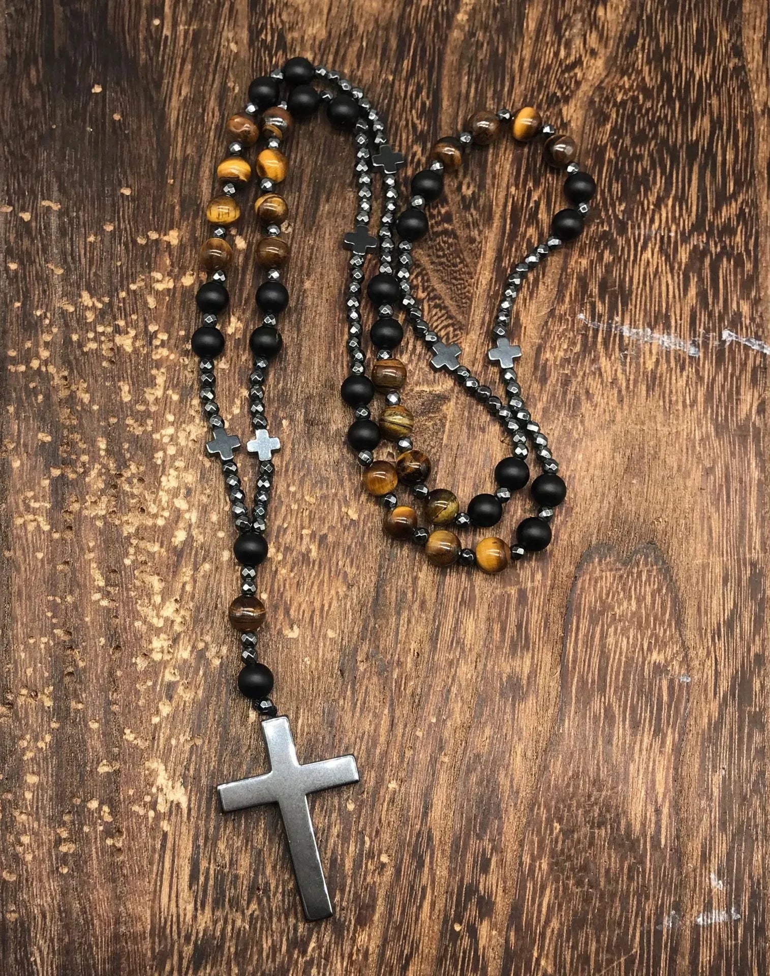 Men's stone cross pendant necklace on an 80cm ball bead chain