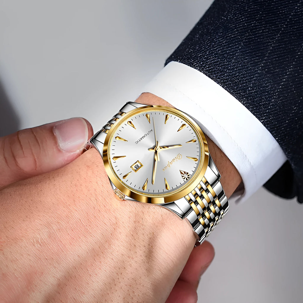 Men's automatic mechanical watch with stainless steel case and simple dial