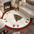 Round red Christmas-themed polyester floor mat with non-slip absorbent base on a living room floor.