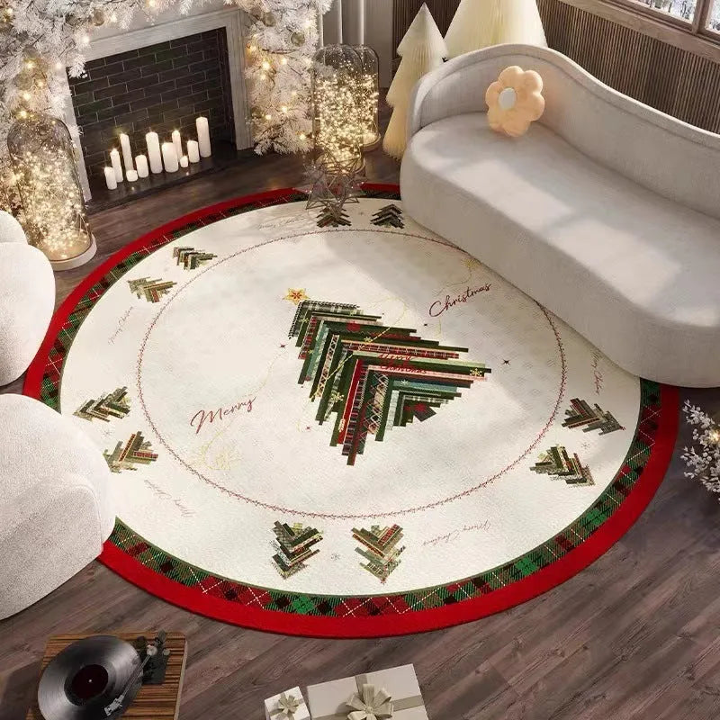 Round red Christmas-themed polyester floor mat with non-slip absorbent base on a living room floor.