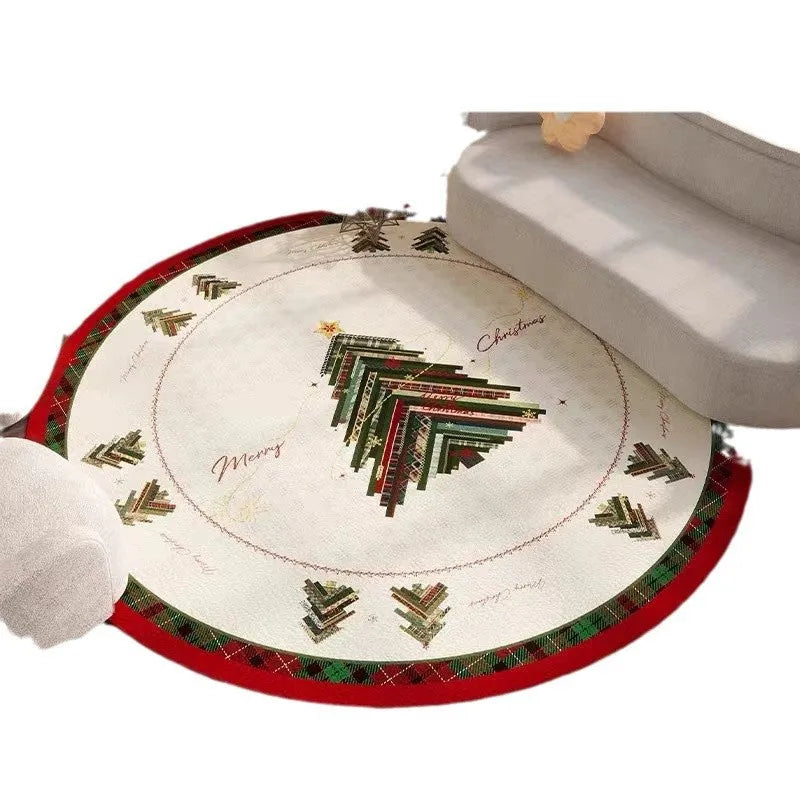 Round red Christmas-themed polyester floor mat with non-slip absorbent base on a living room floor.