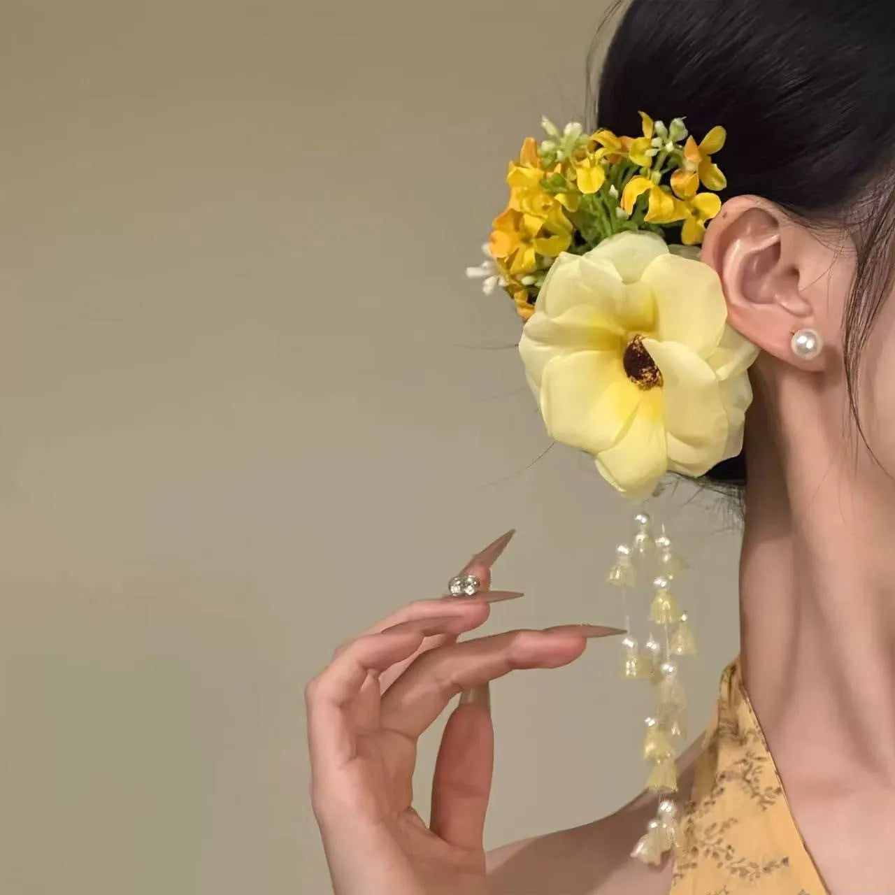 Yellow flower tassel side clip hair accessory with pearl and floral decorations