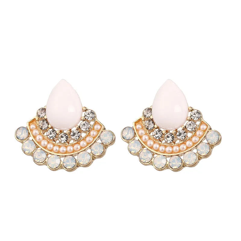 Women's silver geometric fan-shaped earrings with rhinestone and opal decorative details