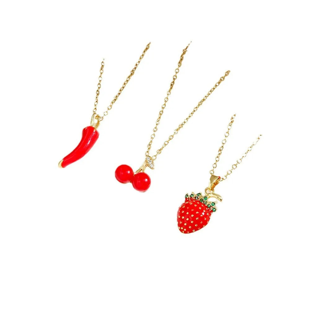 Women's titanium steel necklace with delicate indie cherry pendant on O-ring chain