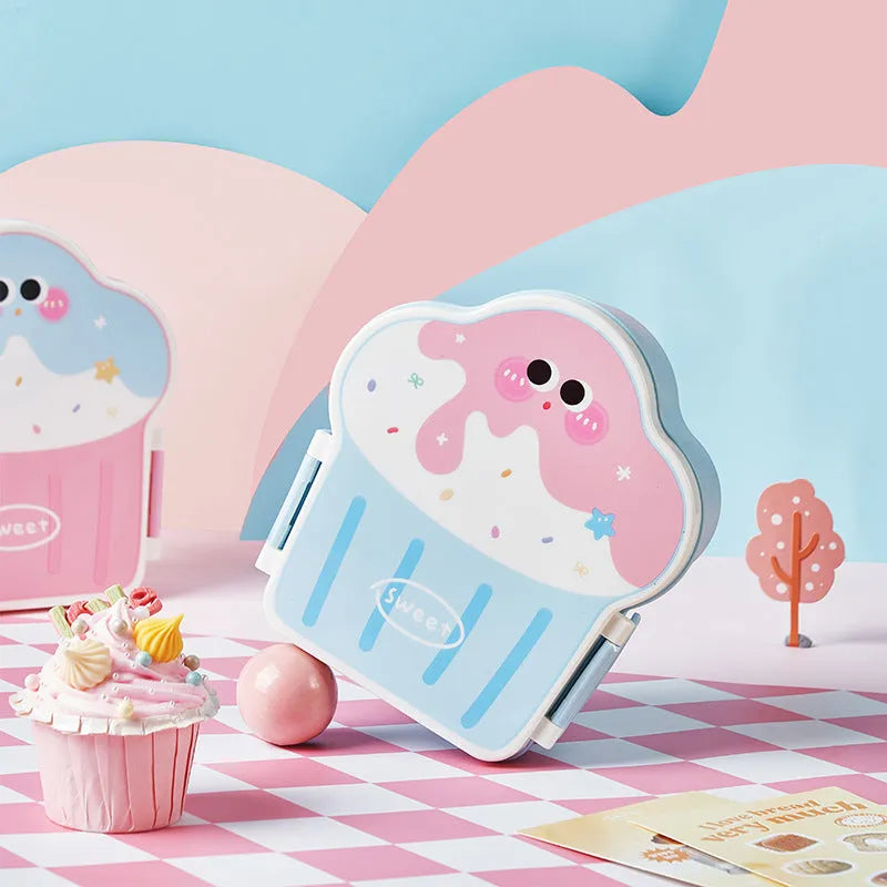 Creative ice cream shaped plastic lunch box with compartments and utensils in pink and blue cartoon designs