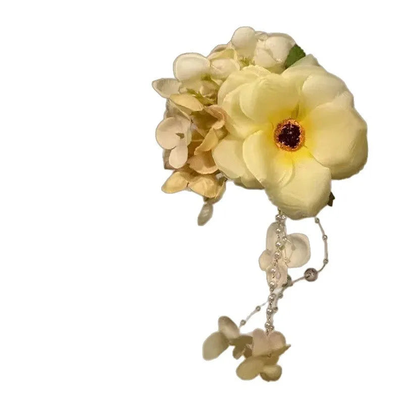 Yellow flower tassel side clip hair accessory with pearl and floral decorations