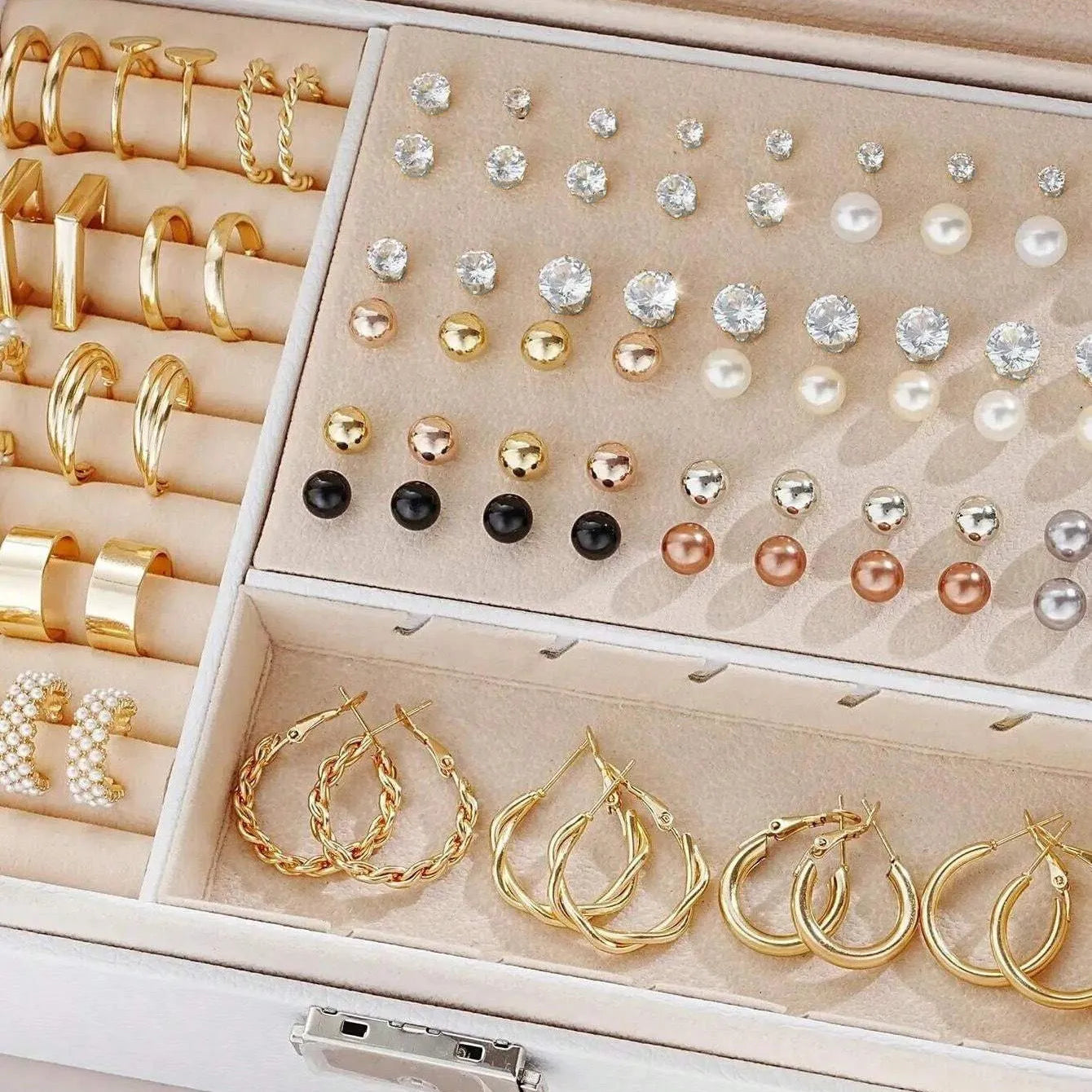 108-piece set of geometric pearl earrings with gold and yellow electroplated finishes without box packaging