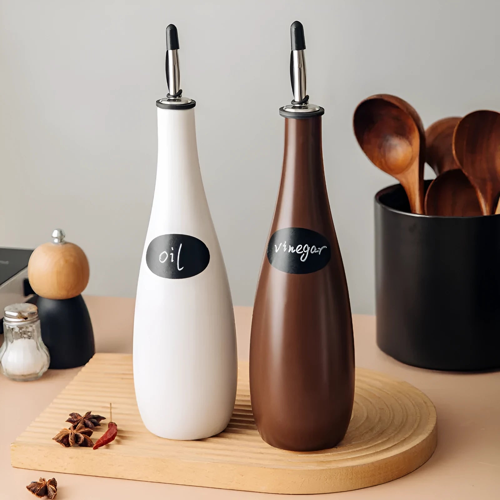 Ceramic oil pot with funnel and brush in black, white, or coffee colour options