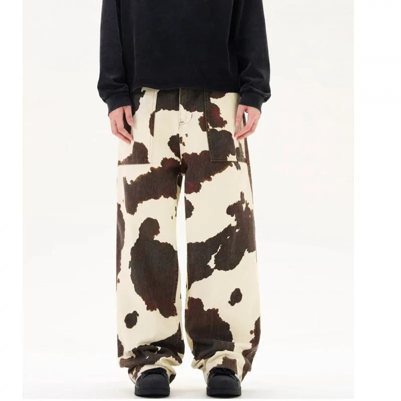 Men's straight-leg trousers with American retro cows pattern in 7698 cow colour