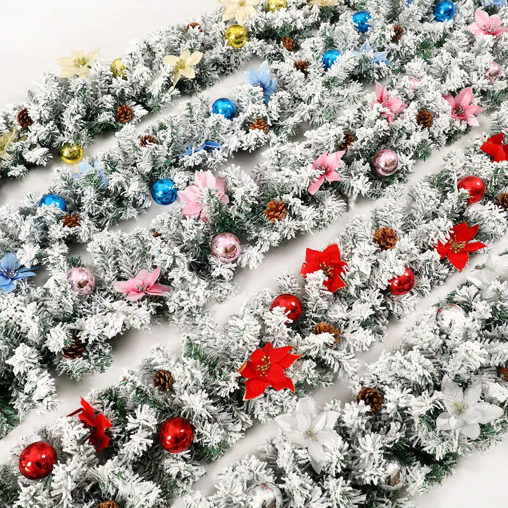 240cm long artificial rattan Christmas garland with flocked decoration in one of five colour options