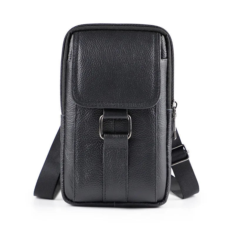 Men's black genuine leather crossbody waist bag showing lock closure and vertical square design