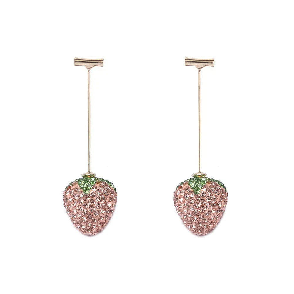 Close-up of geometric spot-drill strawberry stud earrings in red zinc alloy, shown on a plain background.