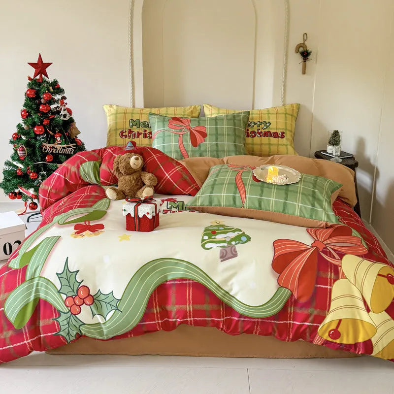 Christmas cartoon print bedding set with gingerbread man design on washed cotton, showing duvet cover and pillowcases.