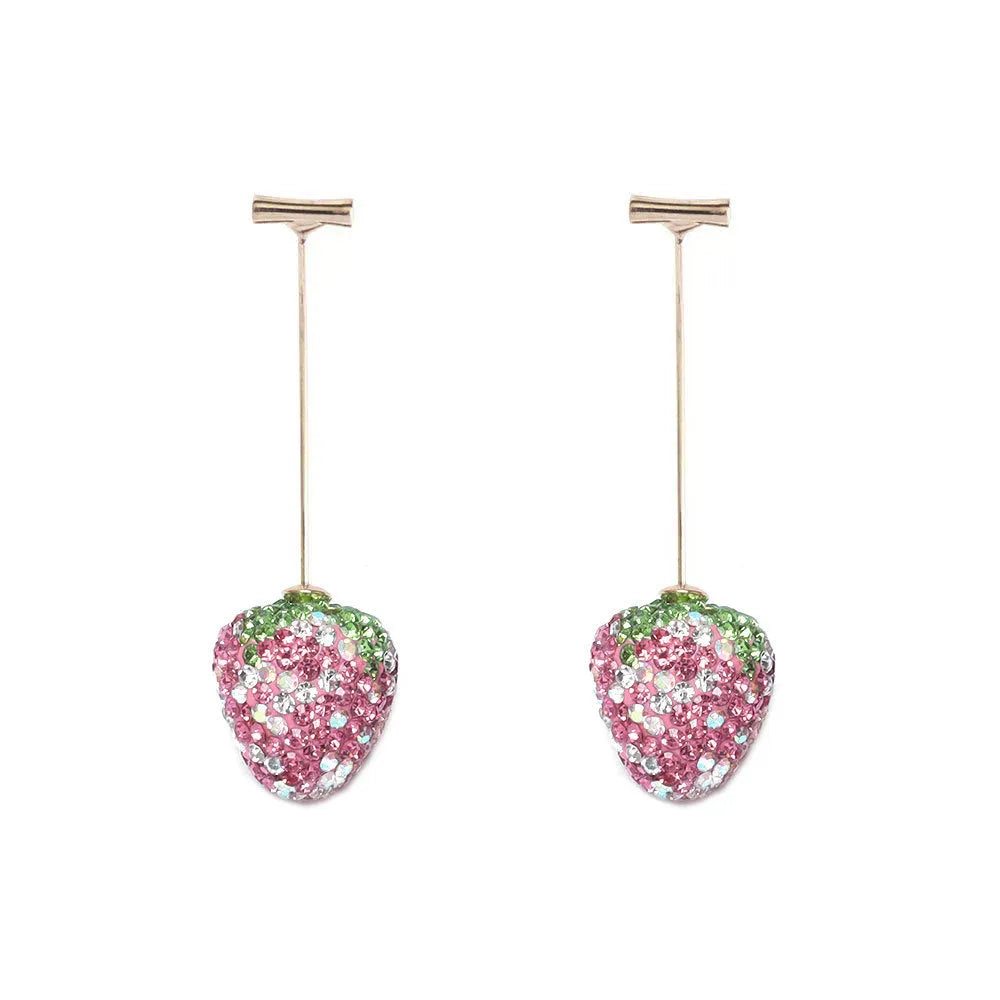 Close-up of geometric spot-drill strawberry stud earrings in red zinc alloy, shown on a plain background.