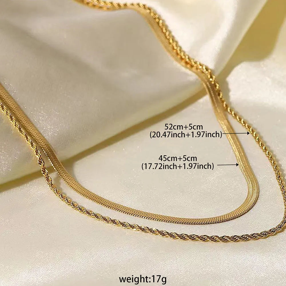 Close-up of a women's retro geometric line double-layer twist necklace with an adjustable stainless steel chain.