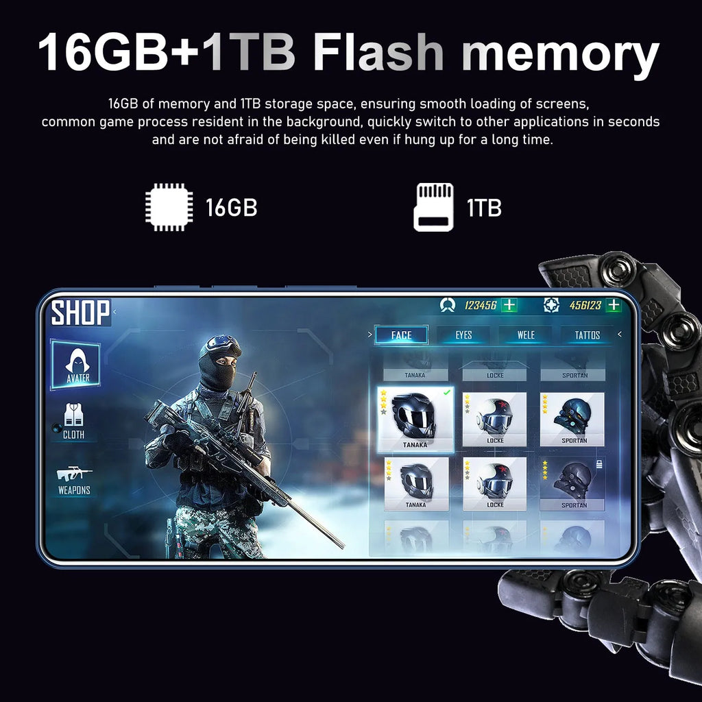 GT10 Pro Android mobile phone in Blue or Silver with 6.8-inch straight screen on a table.