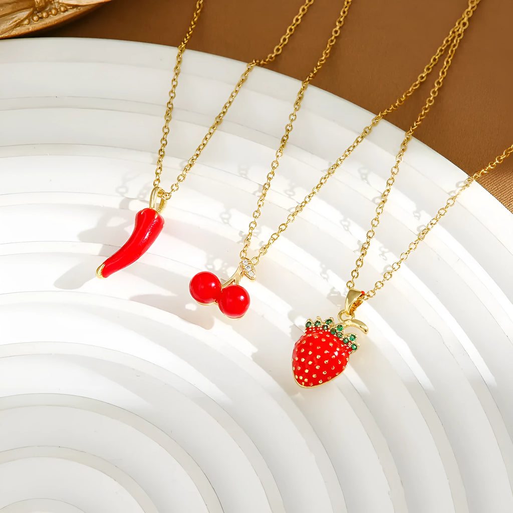 Women's titanium steel necklace with delicate indie cherry pendant on O-ring chain