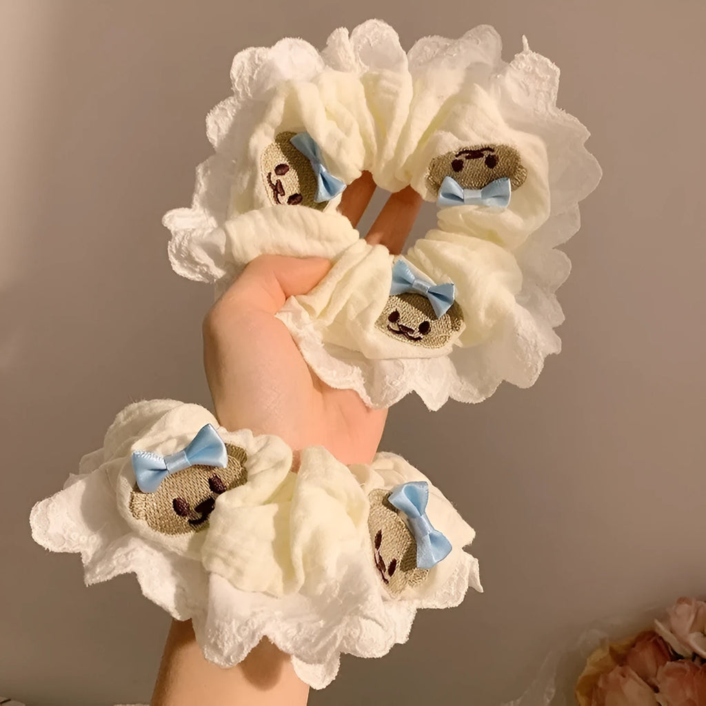 Bear blue bow cloth hair ring in large intestine style with elastic properties