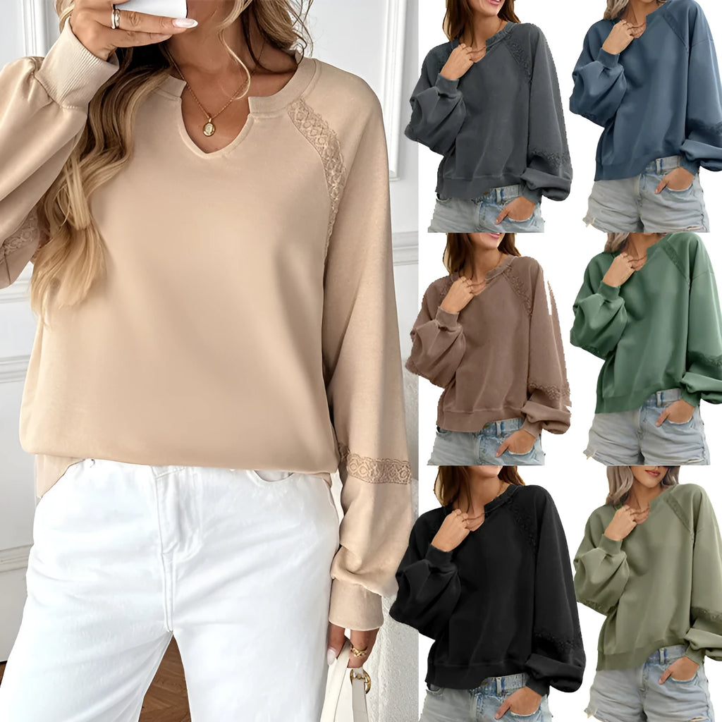 Solid colour women's long sleeve sweater with half-open collar and lace detail on sleeves