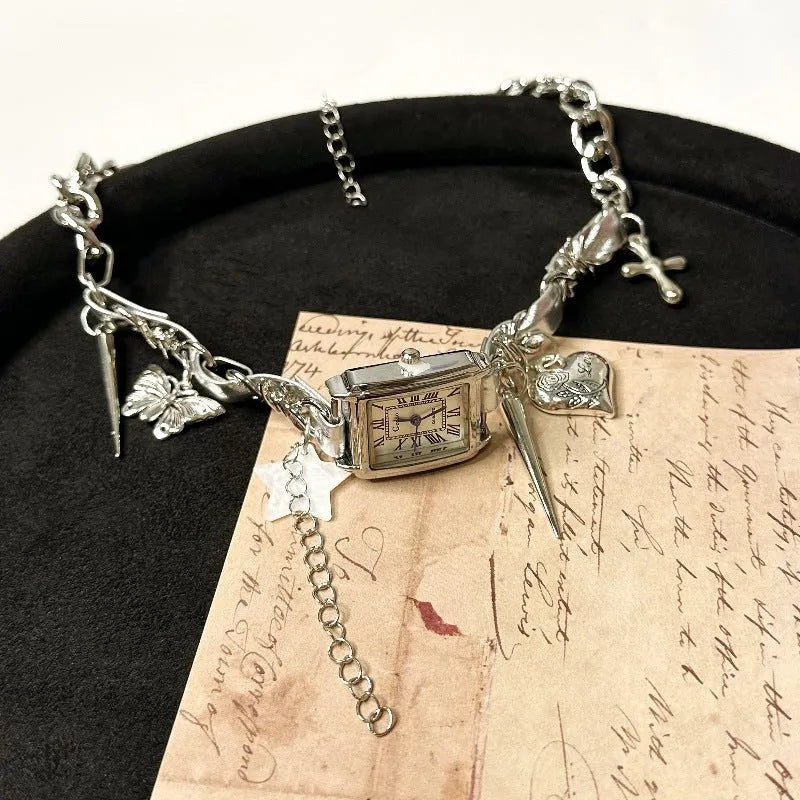 Dark style multi-layer cross necklace with twin clavicle chains and hemp flowers elements