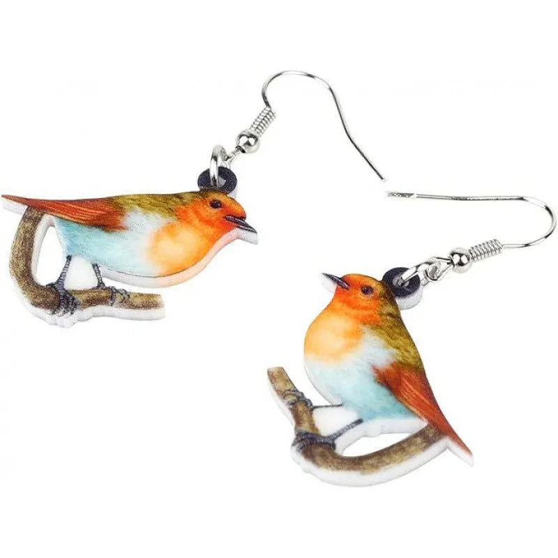 Blue titmouse design acrylic pendant earrings with geometric animal shape and snake decorative elements