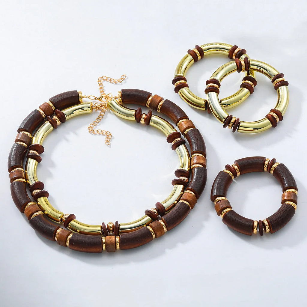 Women's European style wooden multi-layer necklace and bracelet set with alloy chain
