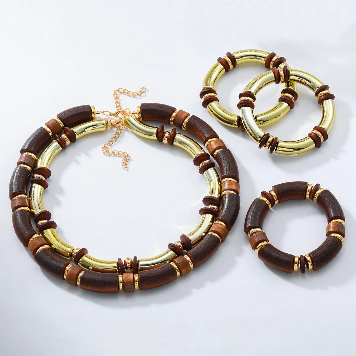 Women's European style wooden multi-layer necklace and bracelet set with alloy chain