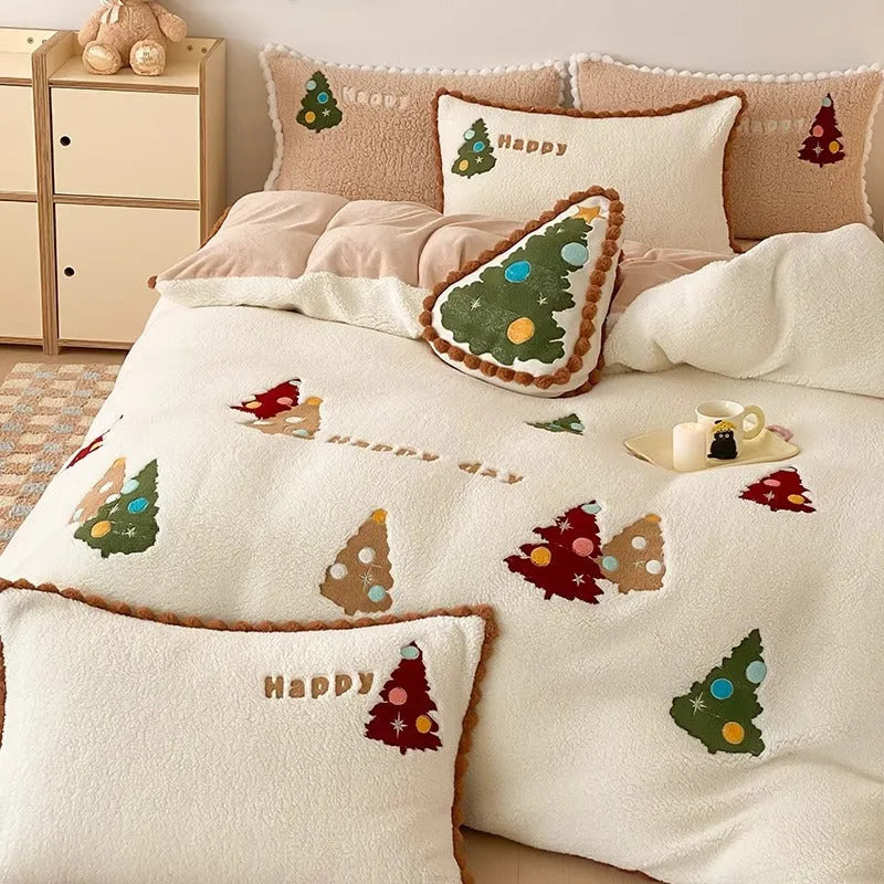 Bright yellow Christmas tree bedding four-piece set with embroidery detailing on milk fibre fabric