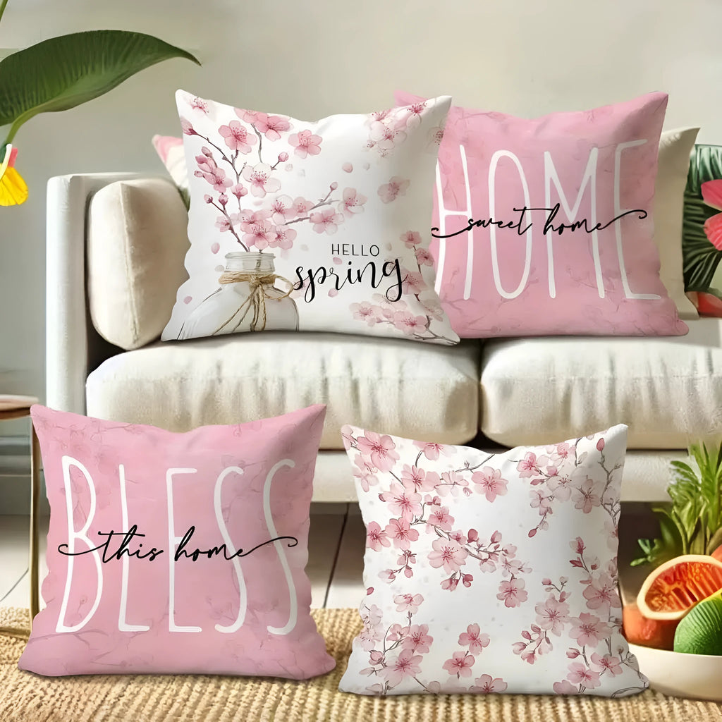 Square short velvet cushion cover with cherry blossom and letter pattern in spring colours