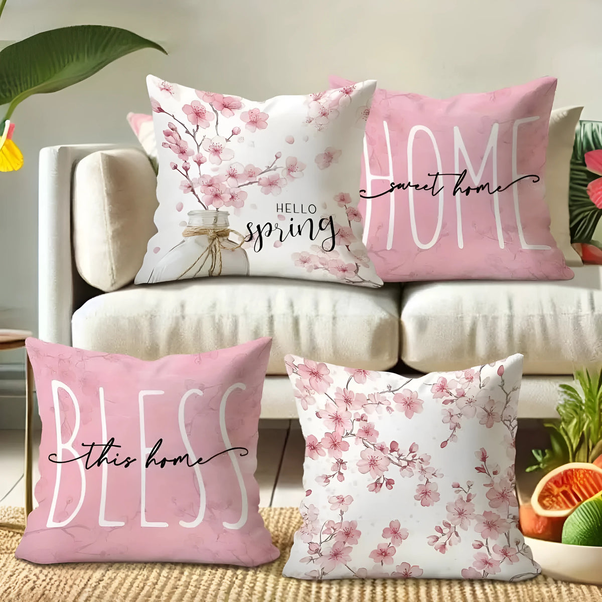 Square short velvet cushion cover with cherry blossom and letter pattern in spring colours